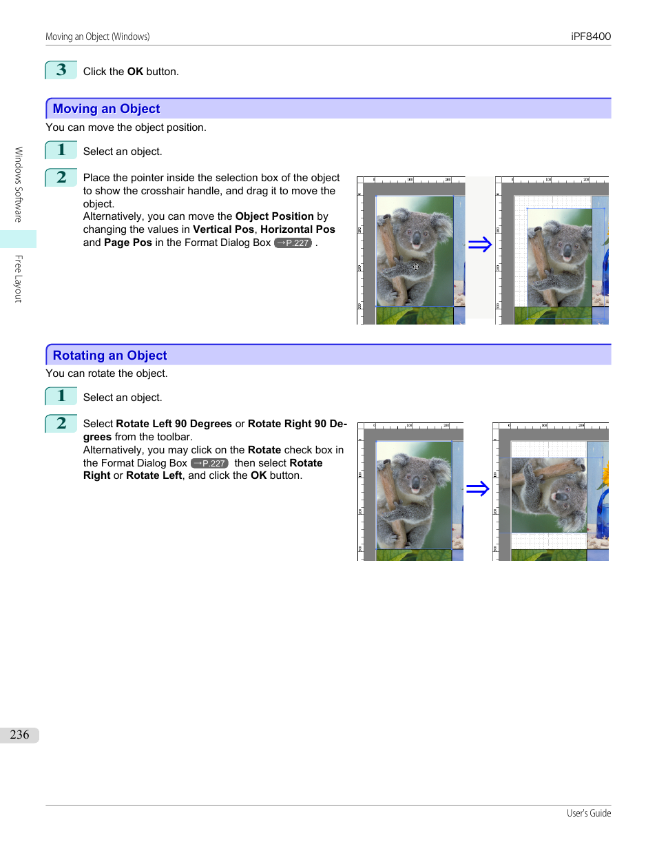 Moving an object, Rotating an object, Moving an object rotating an object | Canon imagePROGRAF iPF8400 User Manual | Page 236 / 1046