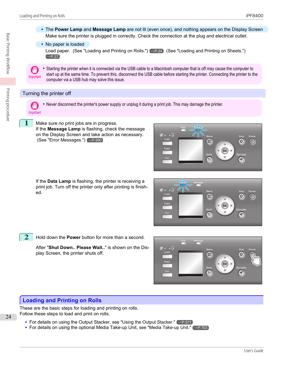 Loading and printing on rolls | Canon imagePROGRAF iPF8400 User Manual | Page 24 / 1046
