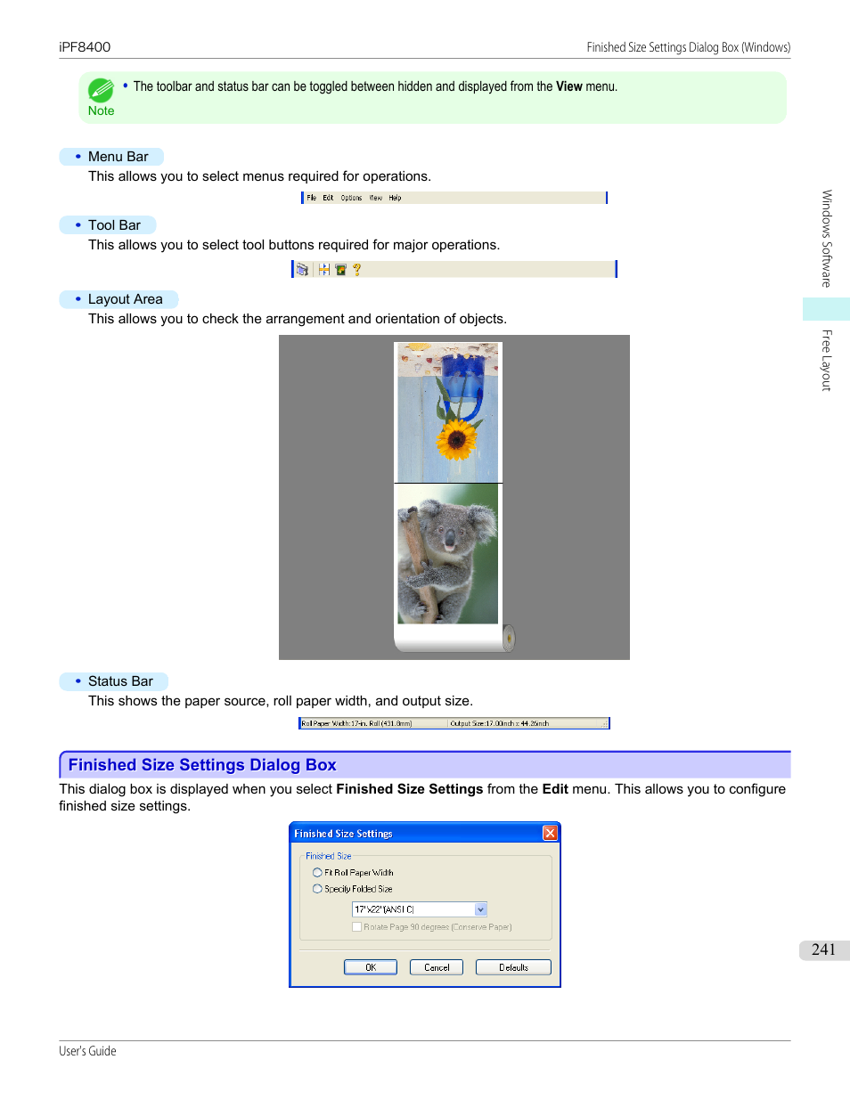 Finished size settings dialog box | Canon imagePROGRAF iPF8400 User Manual | Page 241 / 1046