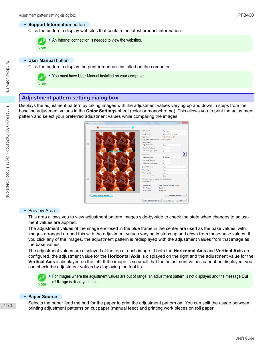 Adjustment pattern setting dialog box, See "adjustment pattern setting dialog box."), P.274 | See "adjustment pattern setting dialog box | Canon imagePROGRAF iPF8400 User Manual | Page 274 / 1046