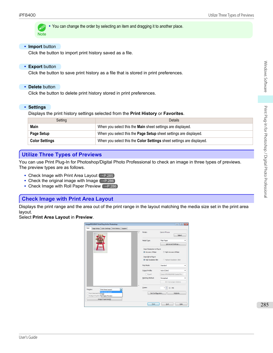 Utilize three types of previews, Check image with print area layout | Canon imagePROGRAF iPF8400 User Manual | Page 285 / 1046
