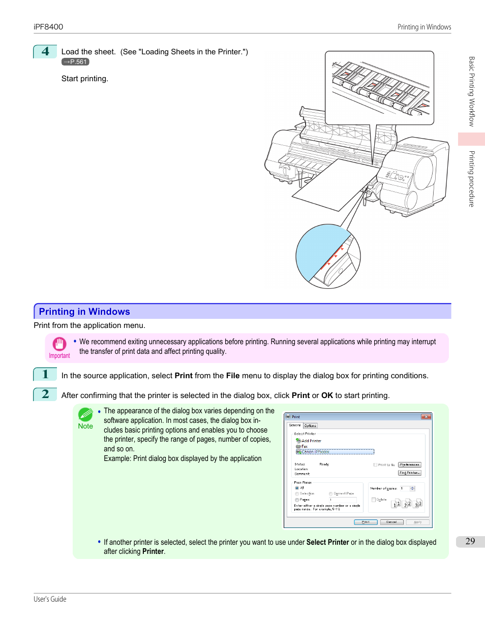 Printing in windows, P.29 | Canon imagePROGRAF iPF8400 User Manual | Page 29 / 1046