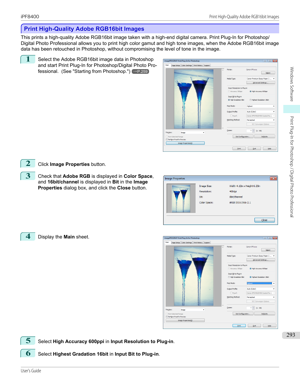 Print high-quality adobe rgb16bit images, P.293 | Canon imagePROGRAF iPF8400 User Manual | Page 293 / 1046