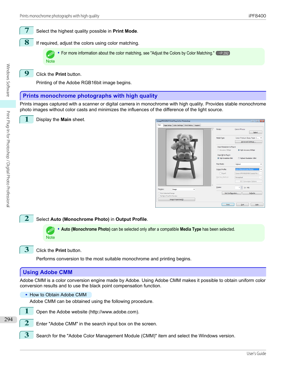 Prints monochrome photographs with high quality, Using adobe cmm, P.294 | Refer to using adobe cmm | Canon imagePROGRAF iPF8400 User Manual | Page 294 / 1046