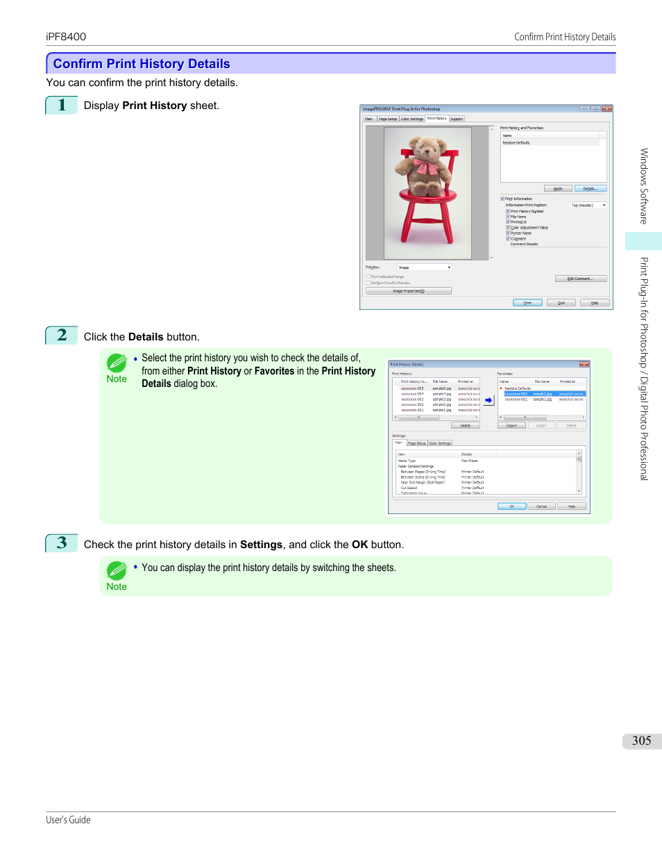 Confirm print history details, P.305 | Canon imagePROGRAF iPF8400 User Manual | Page 305 / 1046