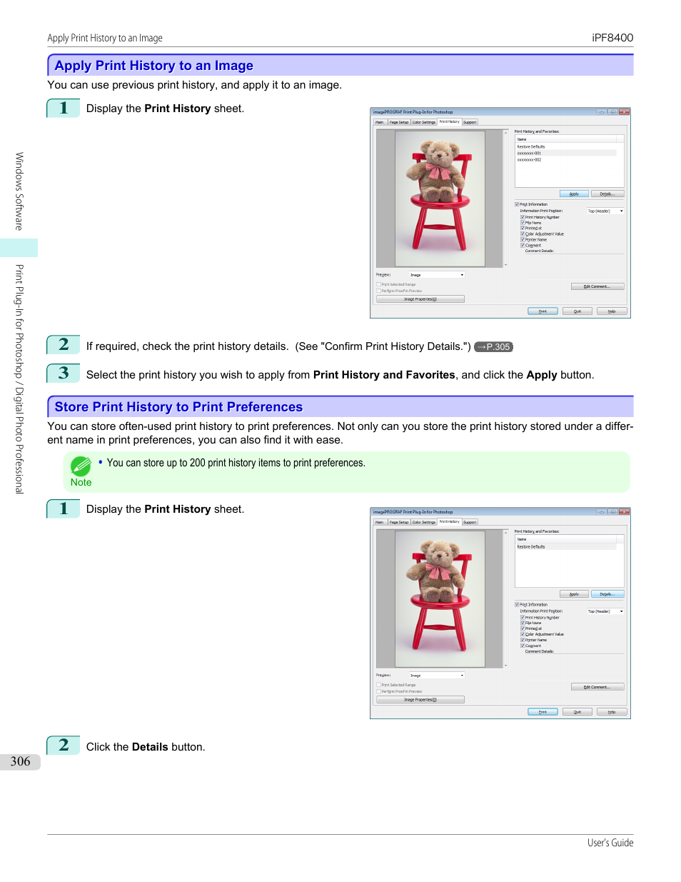 Apply print history to an image, Store print history to print preferences, P.306 | Canon imagePROGRAF iPF8400 User Manual | Page 306 / 1046
