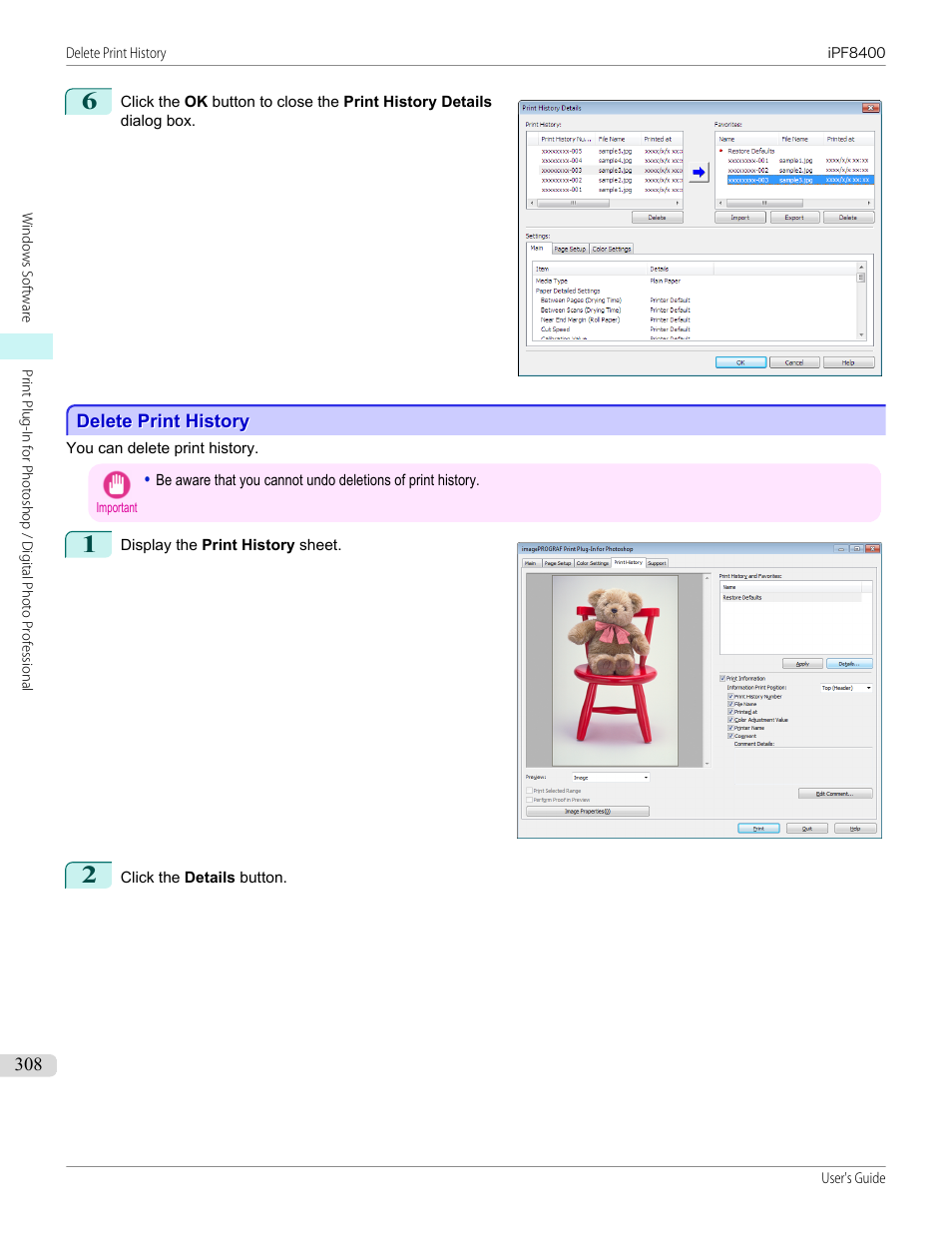 Delete print history, P.308 | Canon imagePROGRAF iPF8400 User Manual | Page 308 / 1046
