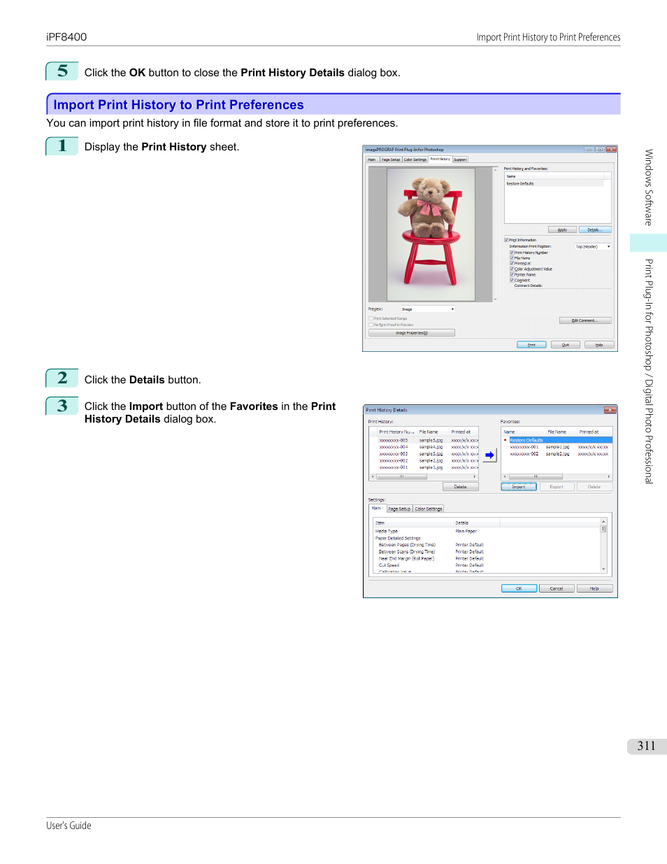 Import print history to print preferences, P.311 | Canon imagePROGRAF iPF8400 User Manual | Page 311 / 1046