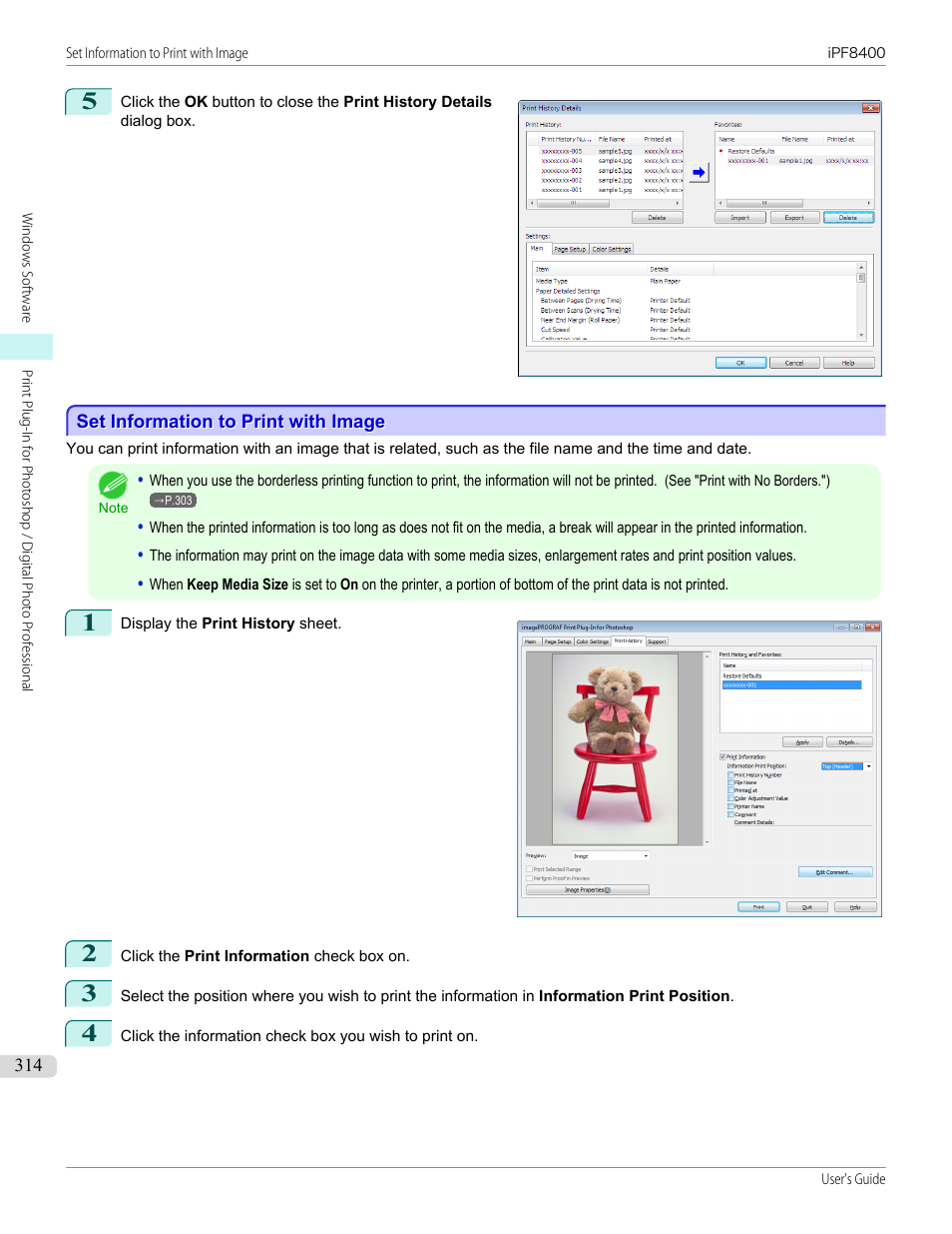 Set information to print with image, See "set information to print with image, P.314 | Canon imagePROGRAF iPF8400 User Manual | Page 314 / 1046