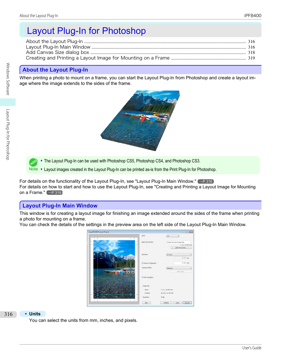 Layout plug-in for photoshop, About the layout plug-in, Layout plug-in main window | P.316 | Canon imagePROGRAF iPF8400 User Manual | Page 316 / 1046
