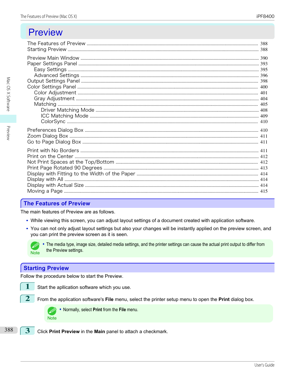 Preview, The features of preview, Starting preview | The features of preview starting preview, P.388 | Canon imagePROGRAF iPF8400 User Manual | Page 388 / 1046