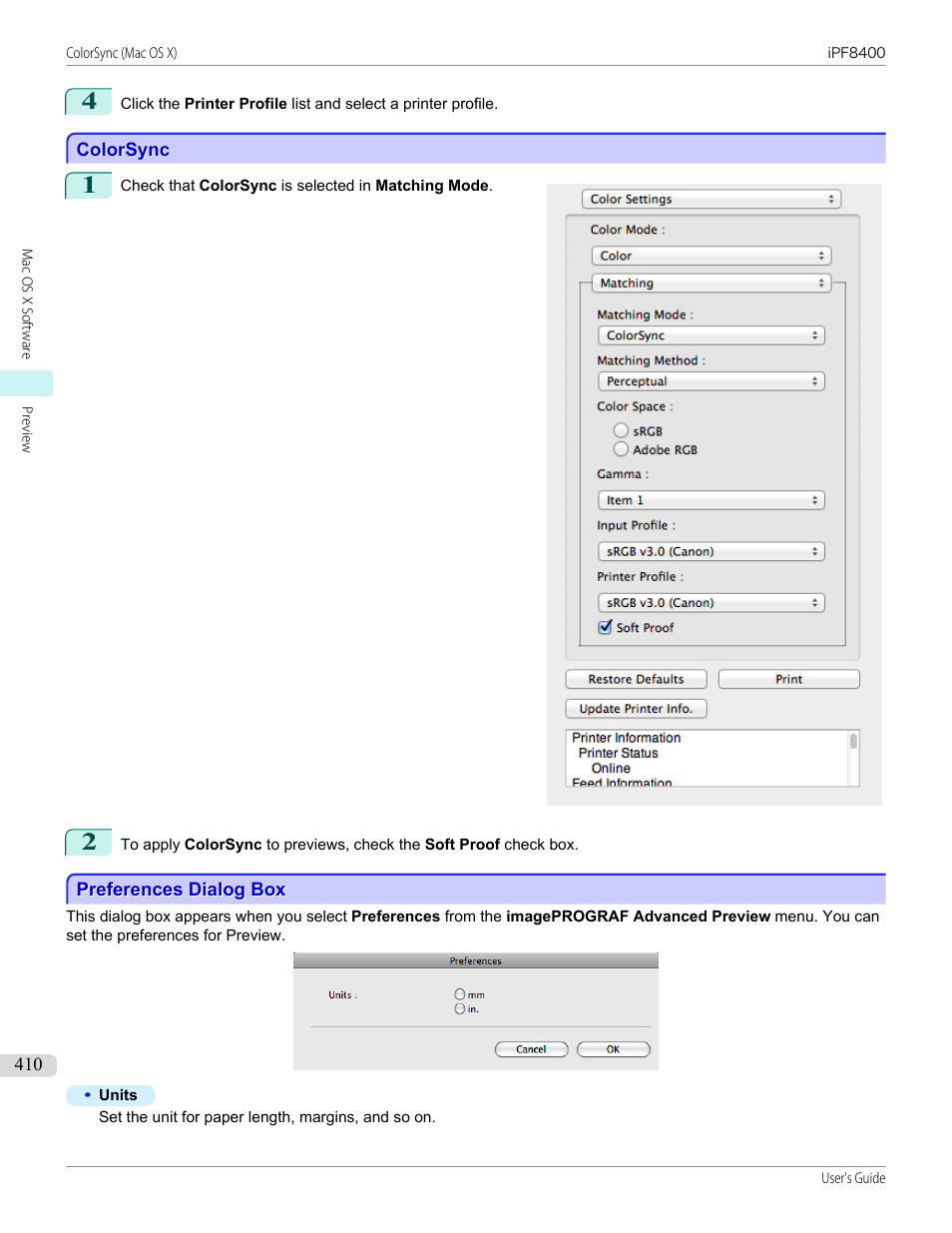 Colorsync, Preferences dialog box, P.410 | Canon imagePROGRAF iPF8400 User Manual | Page 410 / 1046