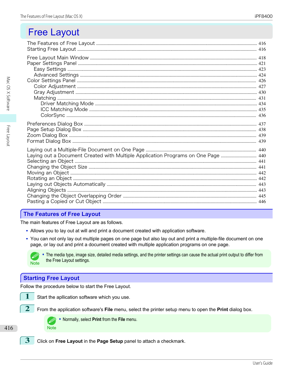 Free layout, The features of free layout, Starting free layout | The features of free layout starting free layout, Functions, refer to free layout, P.416 | Canon imagePROGRAF iPF8400 User Manual | Page 416 / 1046