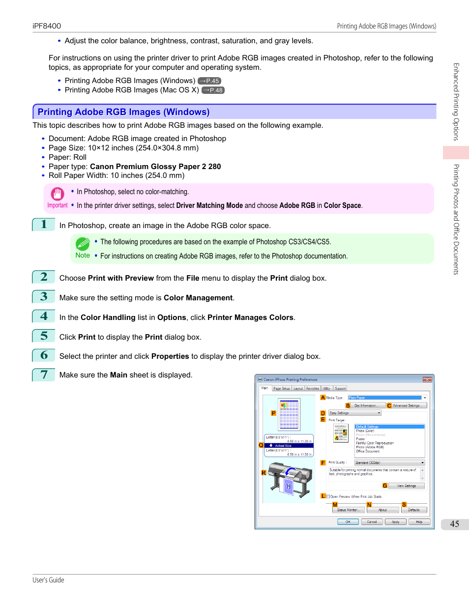 Printing adobe rgb images (windows) | Canon imagePROGRAF iPF8400 User Manual | Page 45 / 1046