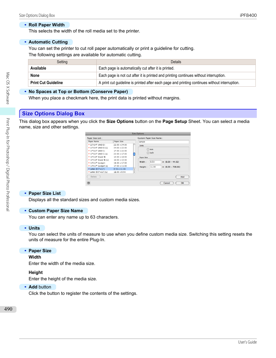 Size options dialog box, P.490 | Canon imagePROGRAF iPF8400 User Manual | Page 490 / 1046