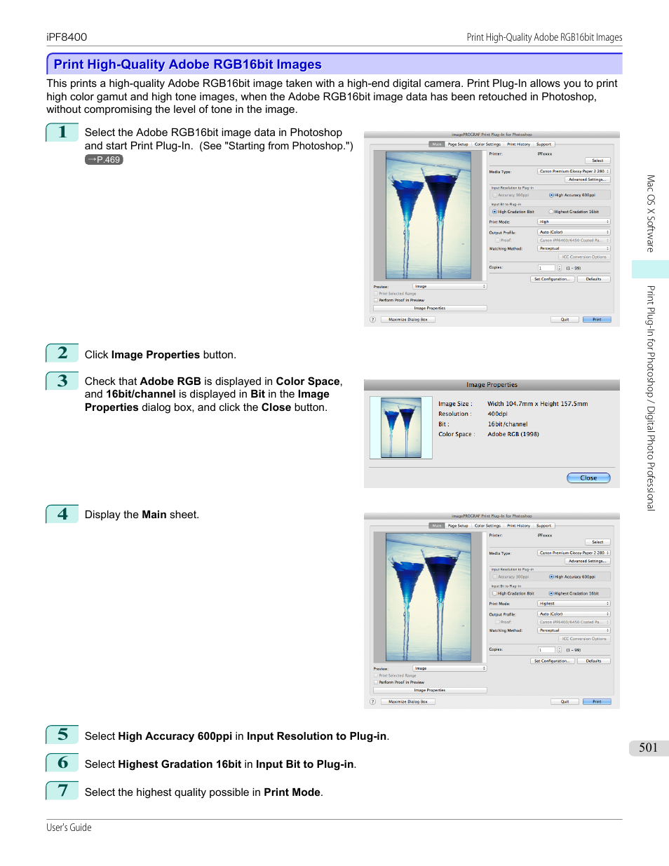 Print high-quality adobe rgb16bit images, P.501 | Canon imagePROGRAF iPF8400 User Manual | Page 501 / 1046