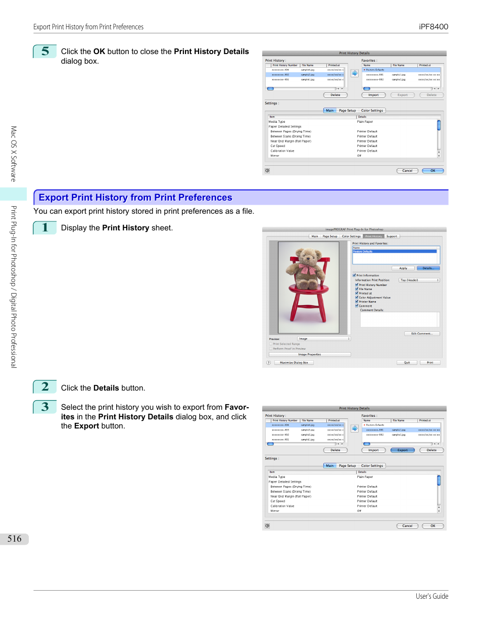 Export print history from print preferences, P.516 | Canon imagePROGRAF iPF8400 User Manual | Page 516 / 1046