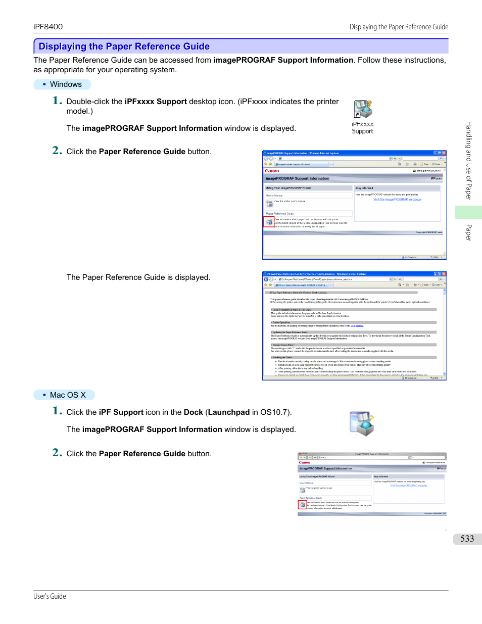 Displaying the paper reference guide, P.533 | Canon imagePROGRAF iPF8400 User Manual | Page 533 / 1046