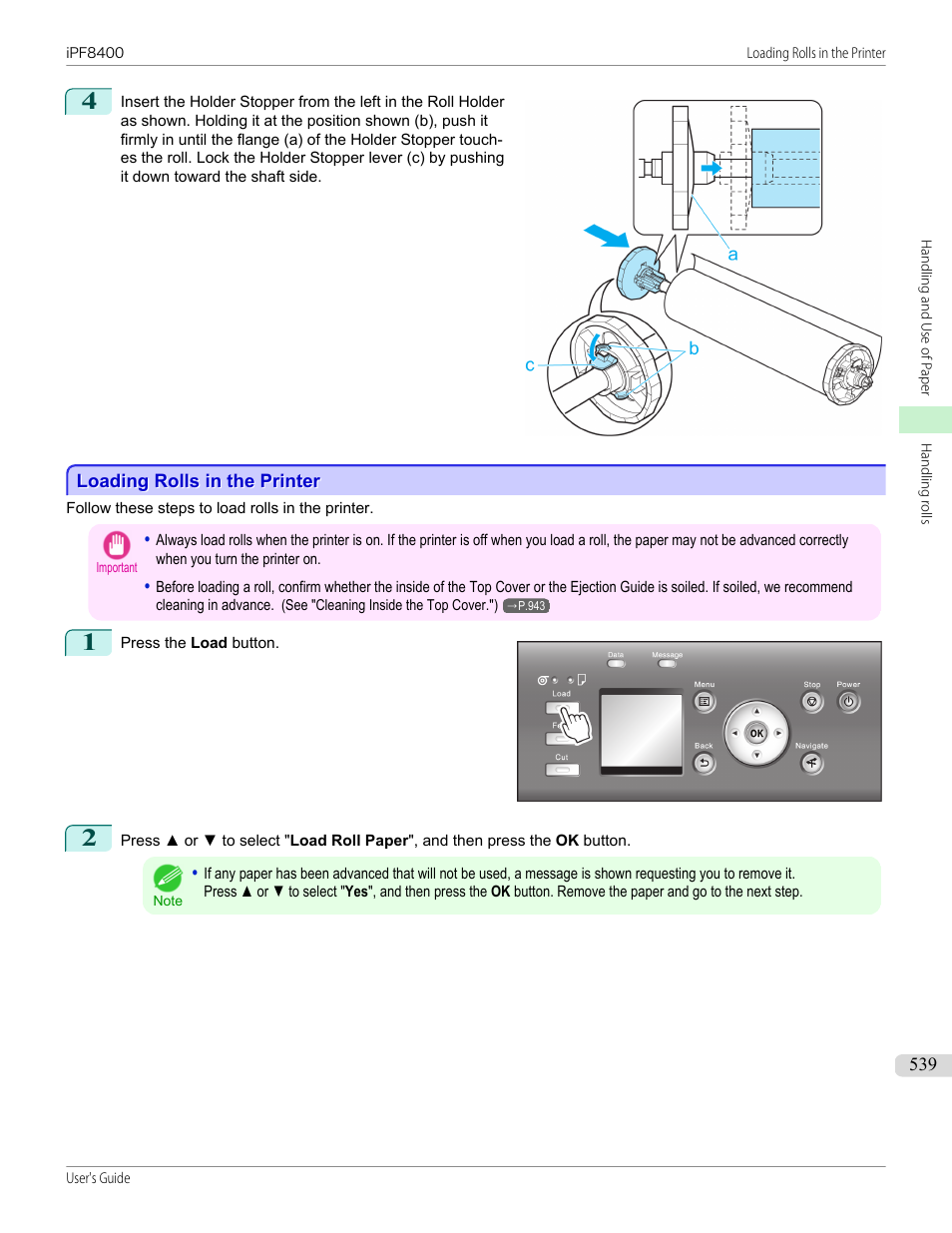 Loading rolls in the printer, P.539 | Canon imagePROGRAF iPF8400 User Manual | Page 539 / 1046