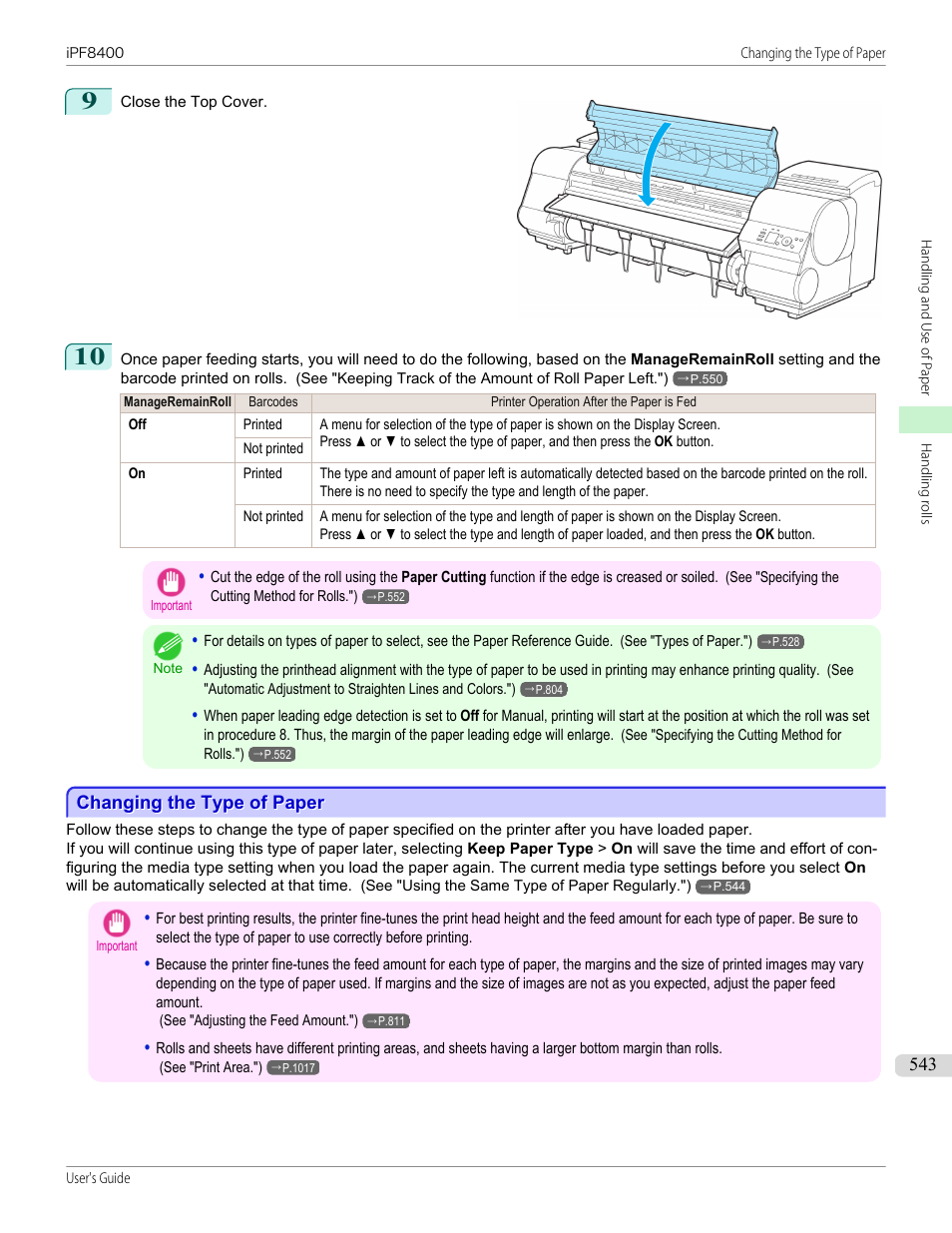 Changing the type of paper, P.543 | Canon imagePROGRAF iPF8400 User Manual | Page 543 / 1046