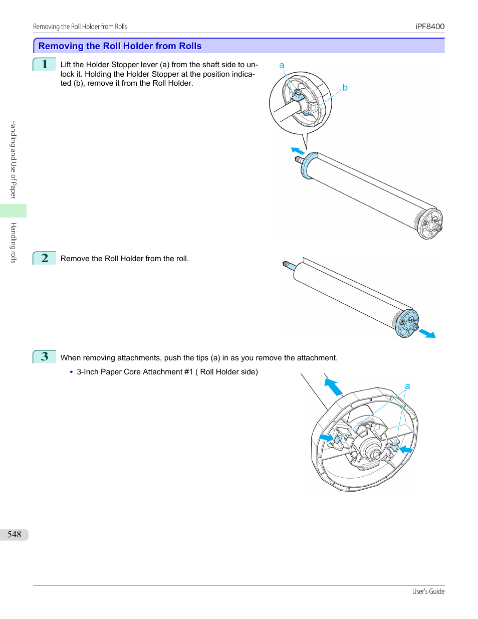 Removing the roll holder from rolls, P.548 | Canon imagePROGRAF iPF8400 User Manual | Page 548 / 1046