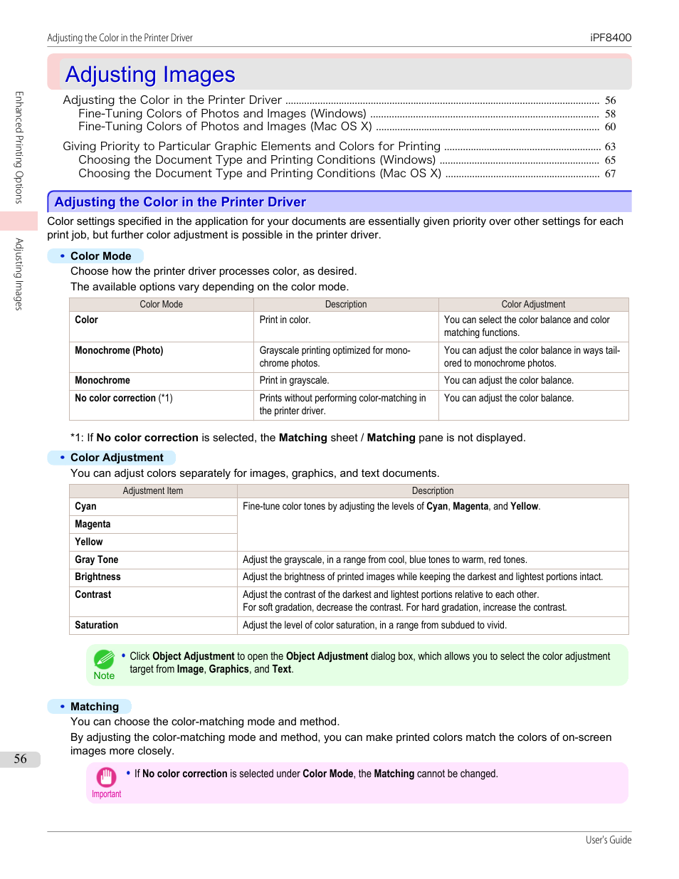 Adjusting images, Adjusting the color in the printer driver | Canon imagePROGRAF iPF8400 User Manual | Page 56 / 1046