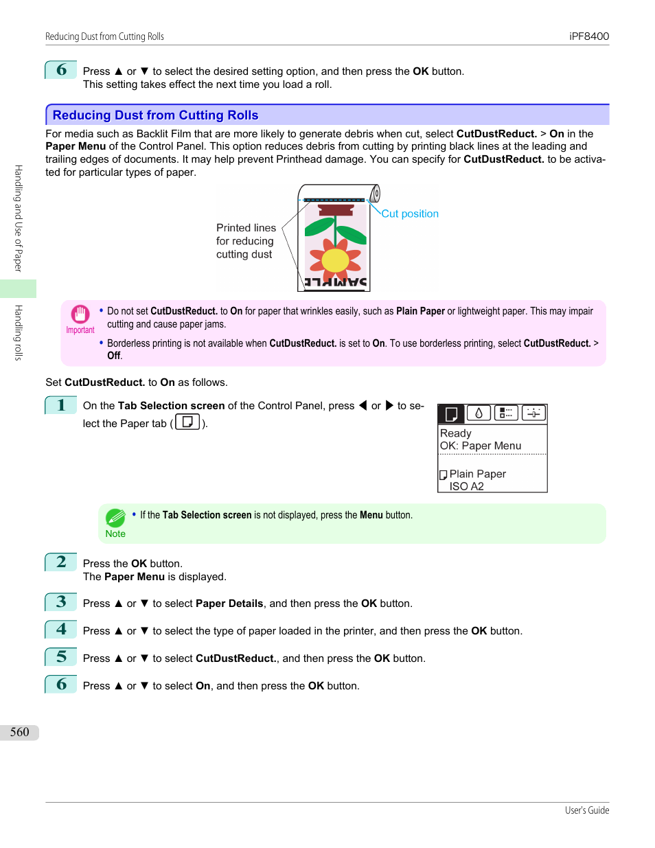 Reducing dust from cutting rolls | Canon imagePROGRAF iPF8400 User Manual | Page 560 / 1046
