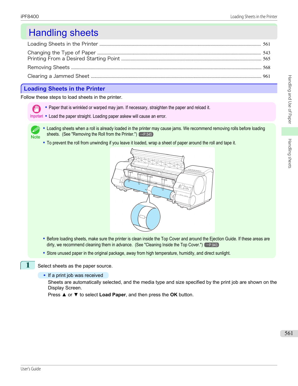 Handling sheets, Loading sheets in the printer | Canon imagePROGRAF iPF8400 User Manual | Page 561 / 1046
