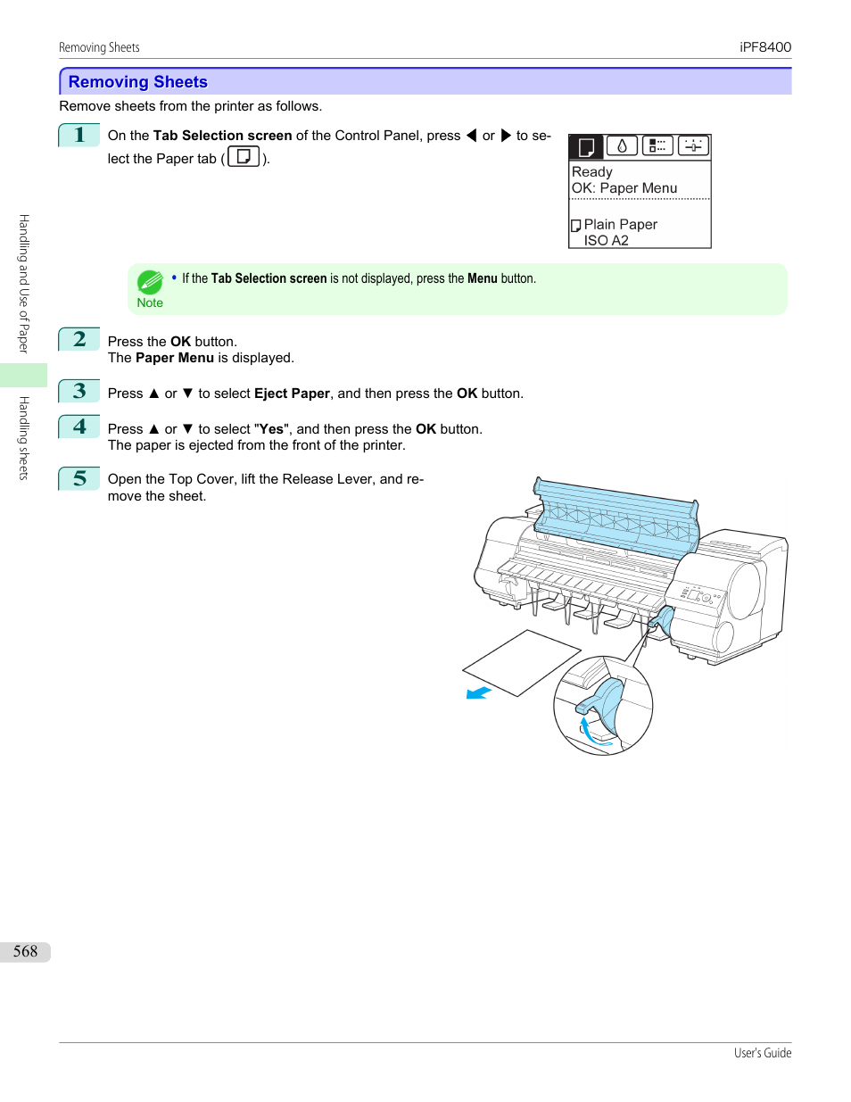 Removing sheets | Canon imagePROGRAF iPF8400 User Manual | Page 568 / 1046