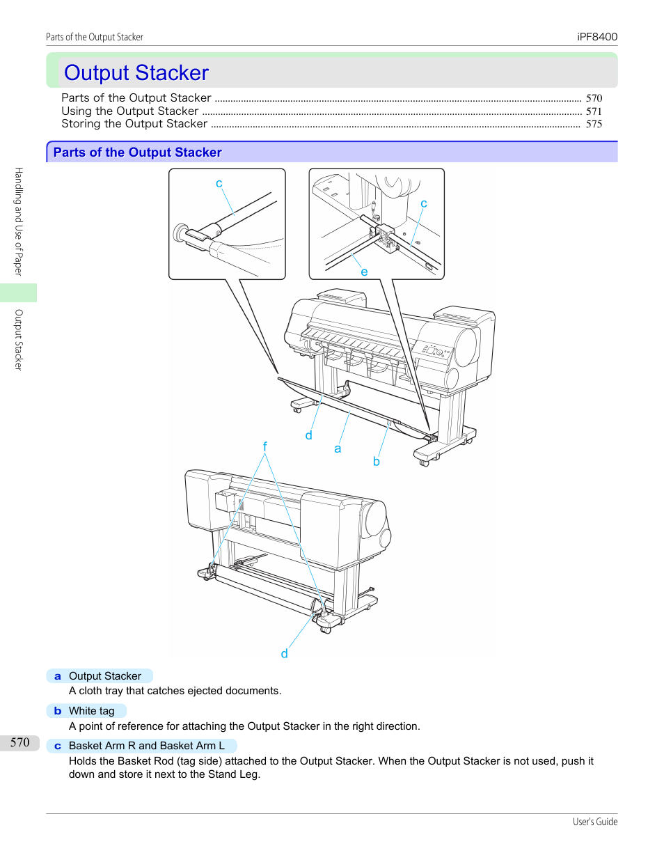 Output stacker, Parts of the output stacker | Canon imagePROGRAF iPF8400 User Manual | Page 570 / 1046