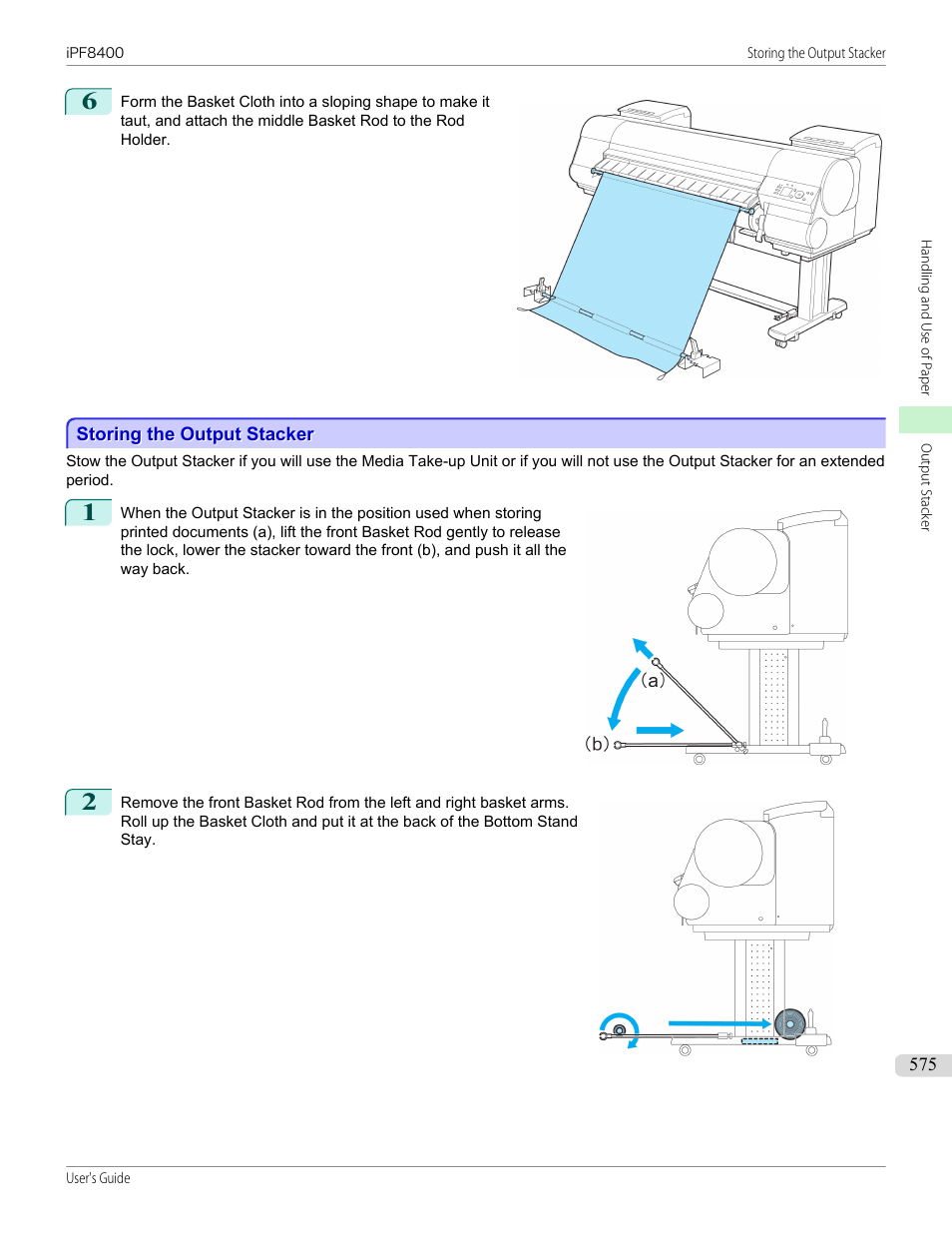 Storing the output stacker, See "storing the output stacker."), P.575 | Canon imagePROGRAF iPF8400 User Manual | Page 575 / 1046