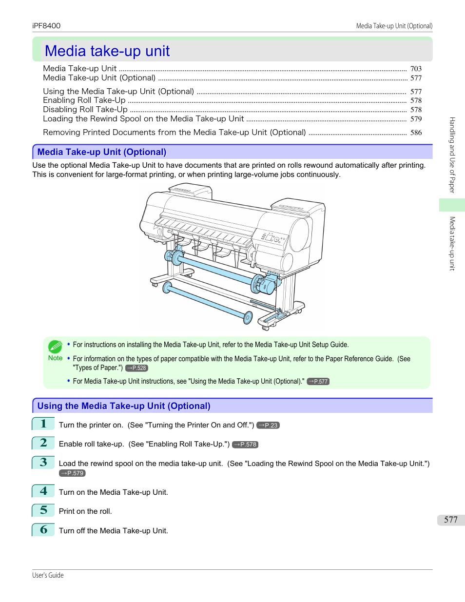 Media take-up unit, Media take-up unit (optional), Using the media take-up unit (optional) | Canon imagePROGRAF iPF8400 User Manual | Page 577 / 1046