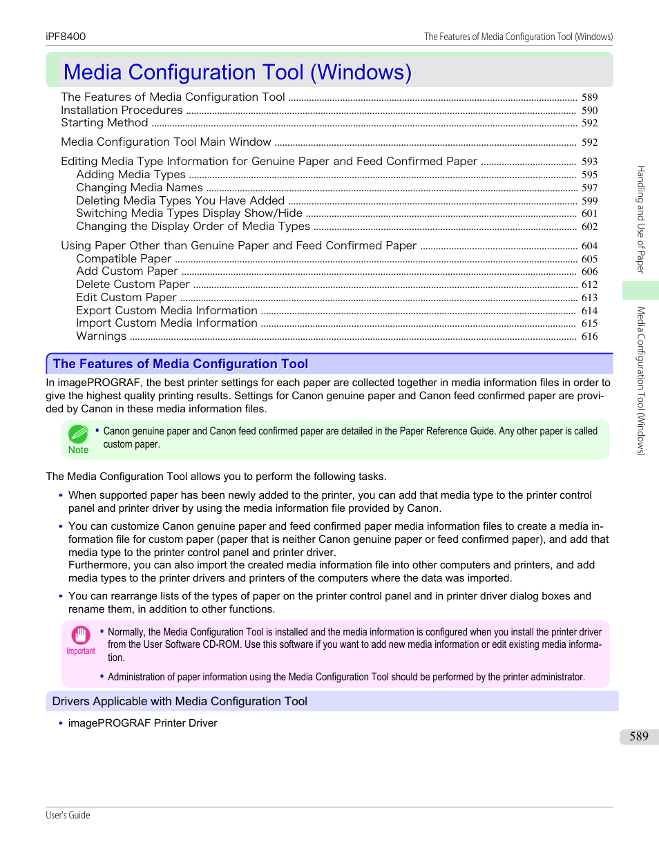 Media configuration tool (windows), The features of media configuration tool, P.589 | Media configuration tool, Media configuration tool(windows), Windows | Canon imagePROGRAF iPF8400 User Manual | Page 589 / 1046
