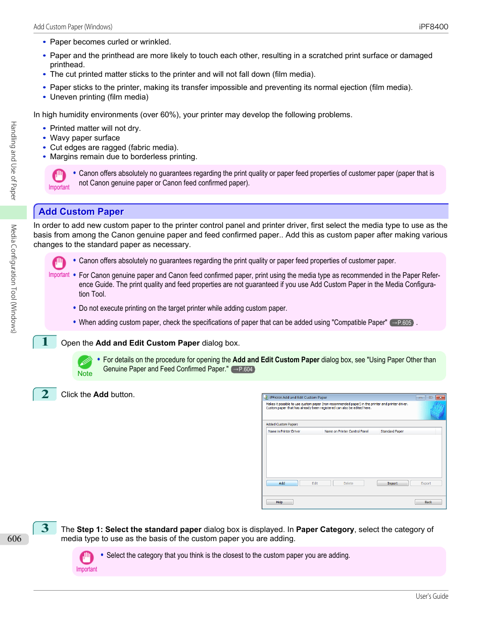 Add custom paper, P.606 | Canon imagePROGRAF iPF8400 User Manual | Page 606 / 1046