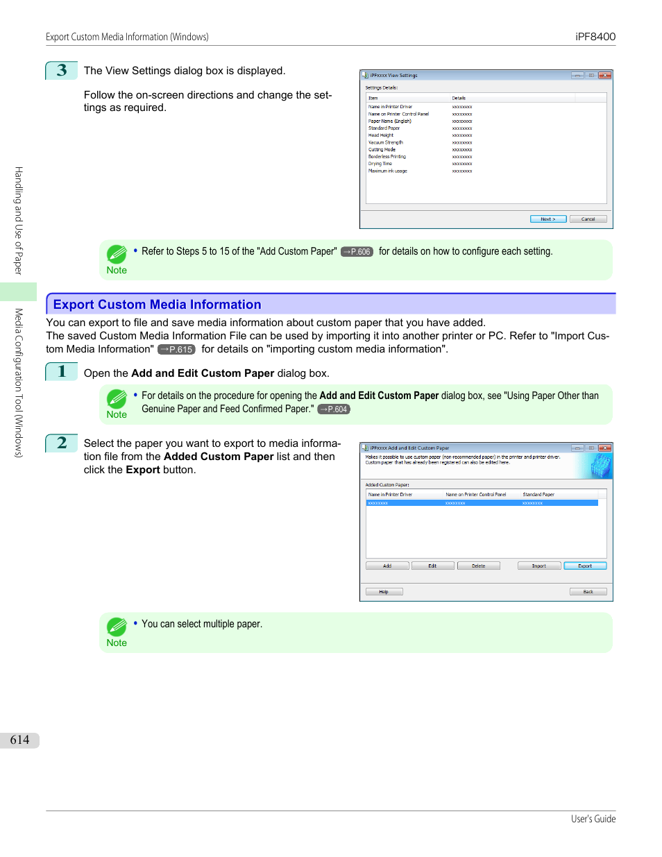 Export custom media information, P.614 | Canon imagePROGRAF iPF8400 User Manual | Page 614 / 1046