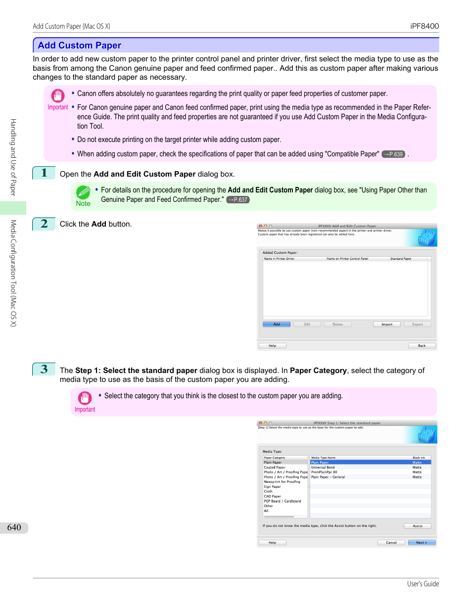 Add custom paper, P.640 | Canon imagePROGRAF iPF8400 User Manual | Page 640 / 1046