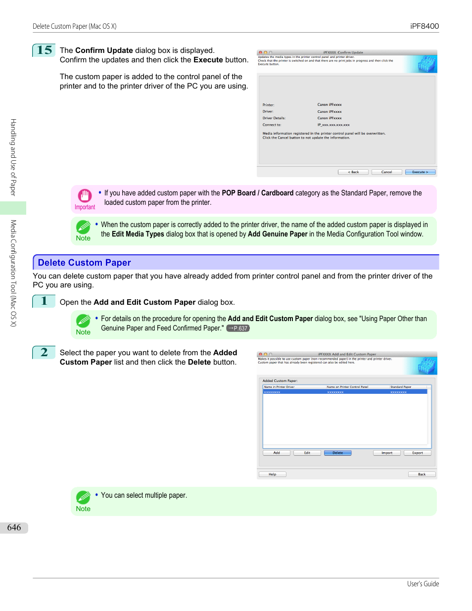 Delete custom paper, See "delete custom paper, P.646 | Canon imagePROGRAF iPF8400 User Manual | Page 646 / 1046