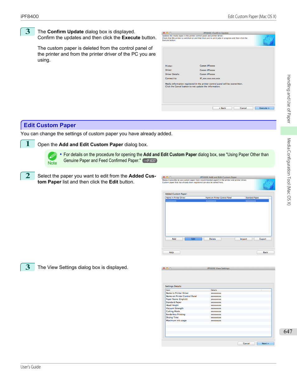 Edit custom paper, See "edit custom paper, P.647 | Canon imagePROGRAF iPF8400 User Manual | Page 647 / 1046