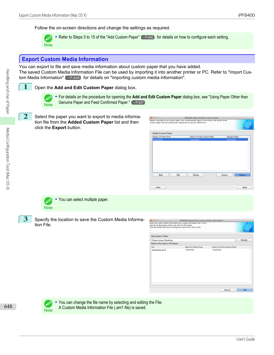 Export custom media information, P.648 | Canon imagePROGRAF iPF8400 User Manual | Page 648 / 1046