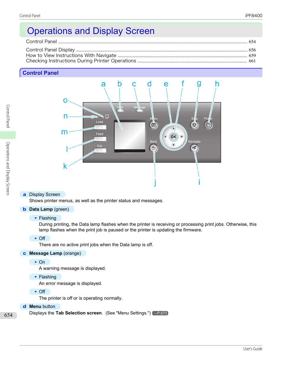 Operations and display screen, Control panel | Canon imagePROGRAF iPF8400 User Manual | Page 654 / 1046