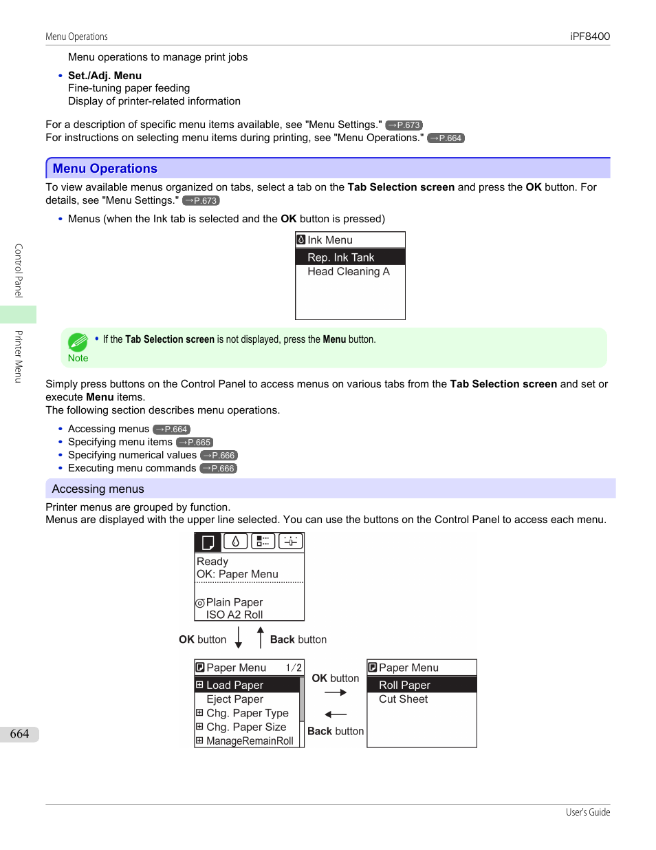 Menu operations, See "menu operations, P.664 | Canon imagePROGRAF iPF8400 User Manual | Page 664 / 1046