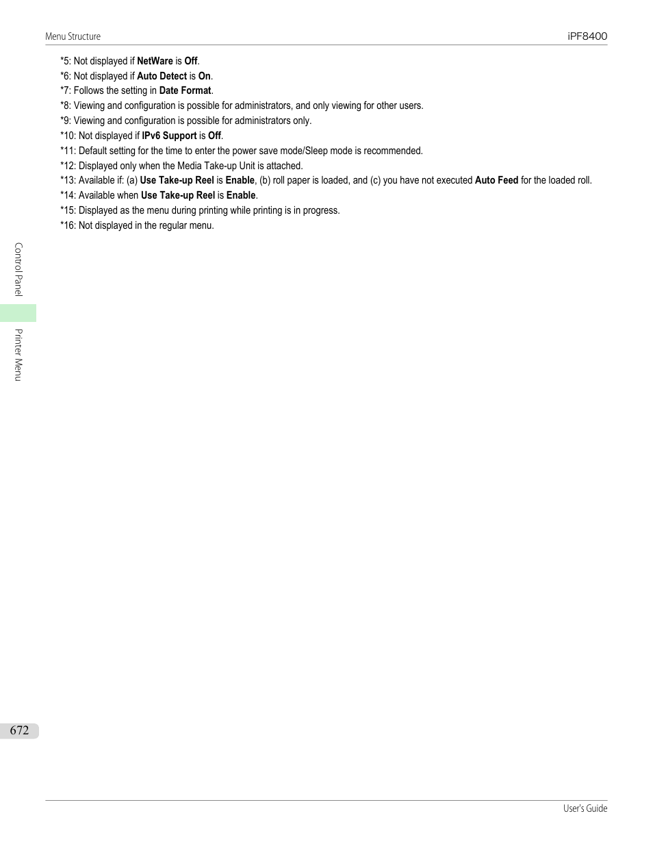 Up(*8), Eop timer(*8), Tcp/ip(*8 | Ipv4 mode(*8), Bootp(*8), Rarp(*8), Ip address(*9), Subnet mask(*9, Default g/w(*9), Date(*9 | Canon imagePROGRAF iPF8400 User Manual | Page 672 / 1046