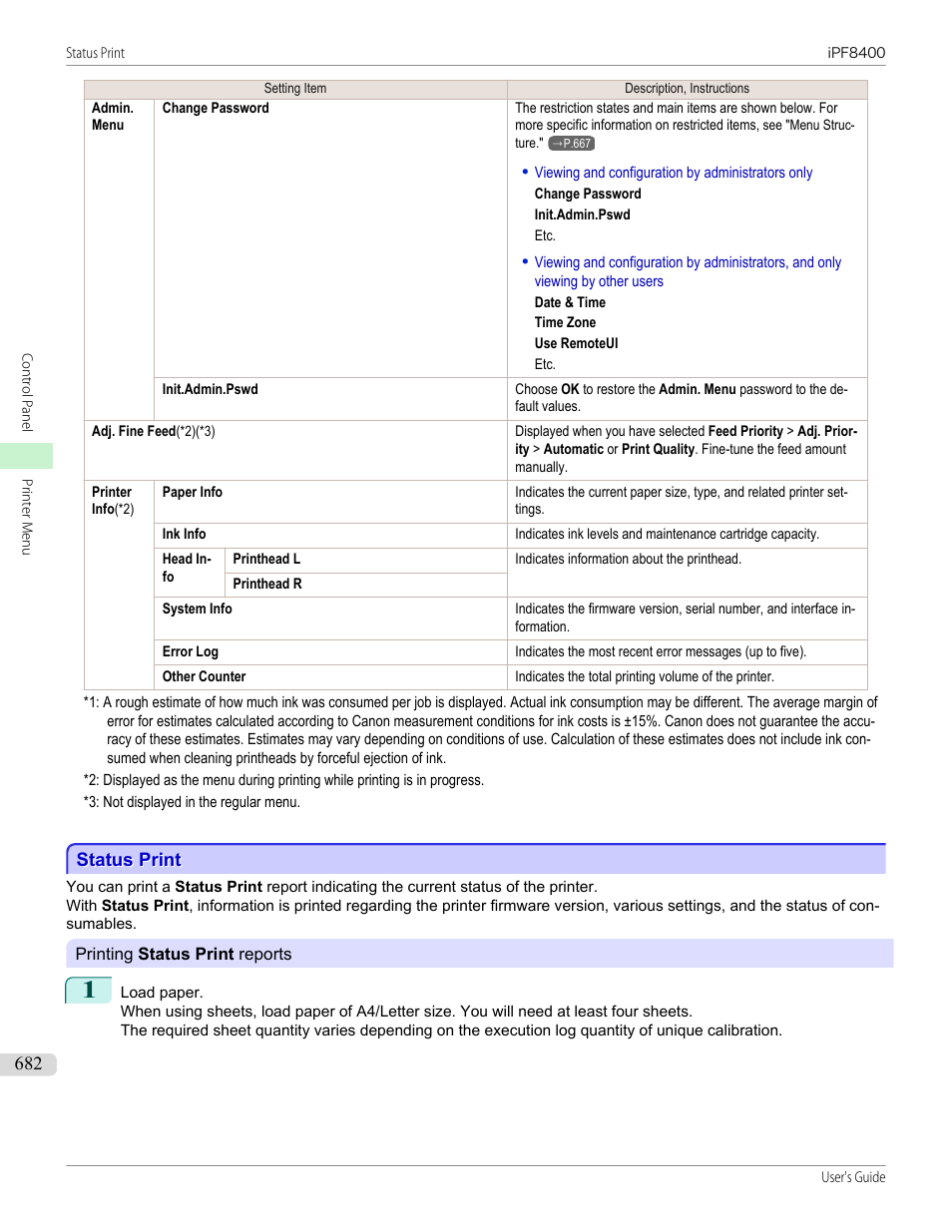 Status print | Canon imagePROGRAF iPF8400 User Manual | Page 682 / 1046