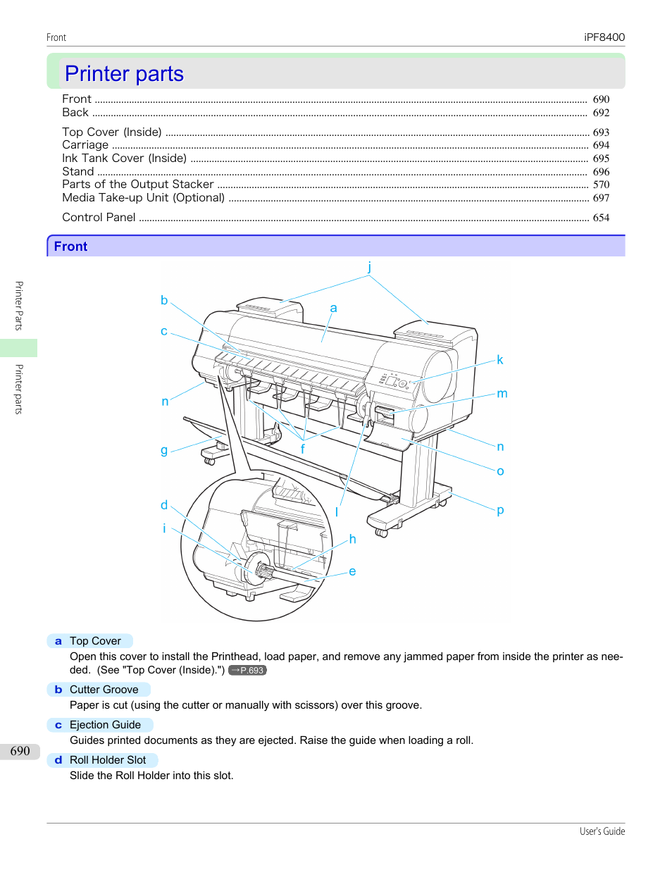 Printer parts, Front | Canon imagePROGRAF iPF8400 User Manual | Page 690 / 1046