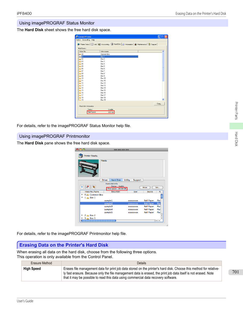 Erasing data on the printer's hard disk, P.701, See 