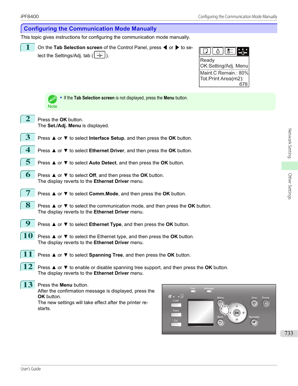 Configuring the communication mode manually | Canon imagePROGRAF iPF8400 User Manual | Page 733 / 1046