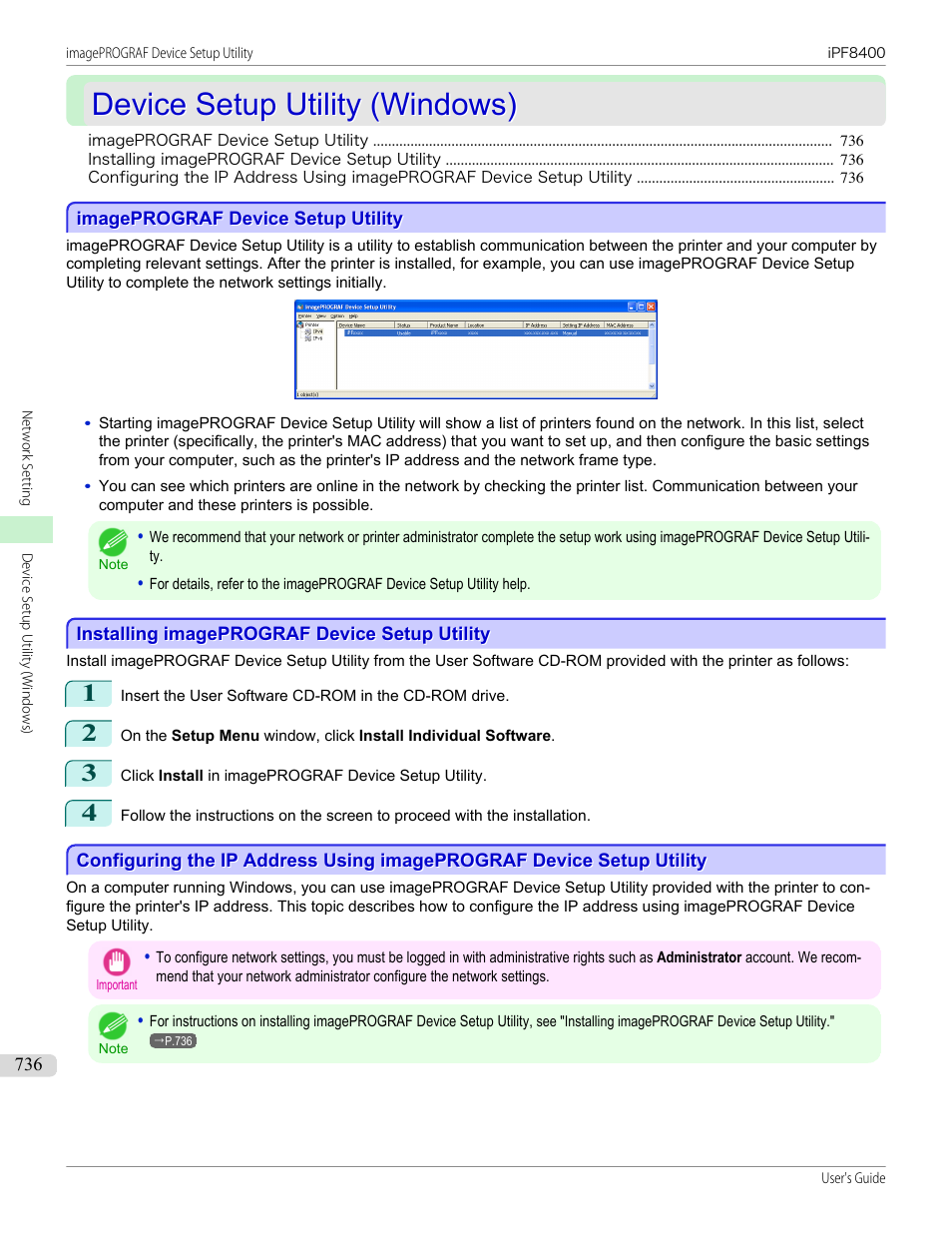 Device setup utility (windows), Imageprograf device setup utility, Installing imageprograf device setup utility | Device setup utility, P.736, See "installing imageprograf device setup utility | Canon imagePROGRAF iPF8400 User Manual | Page 736 / 1046