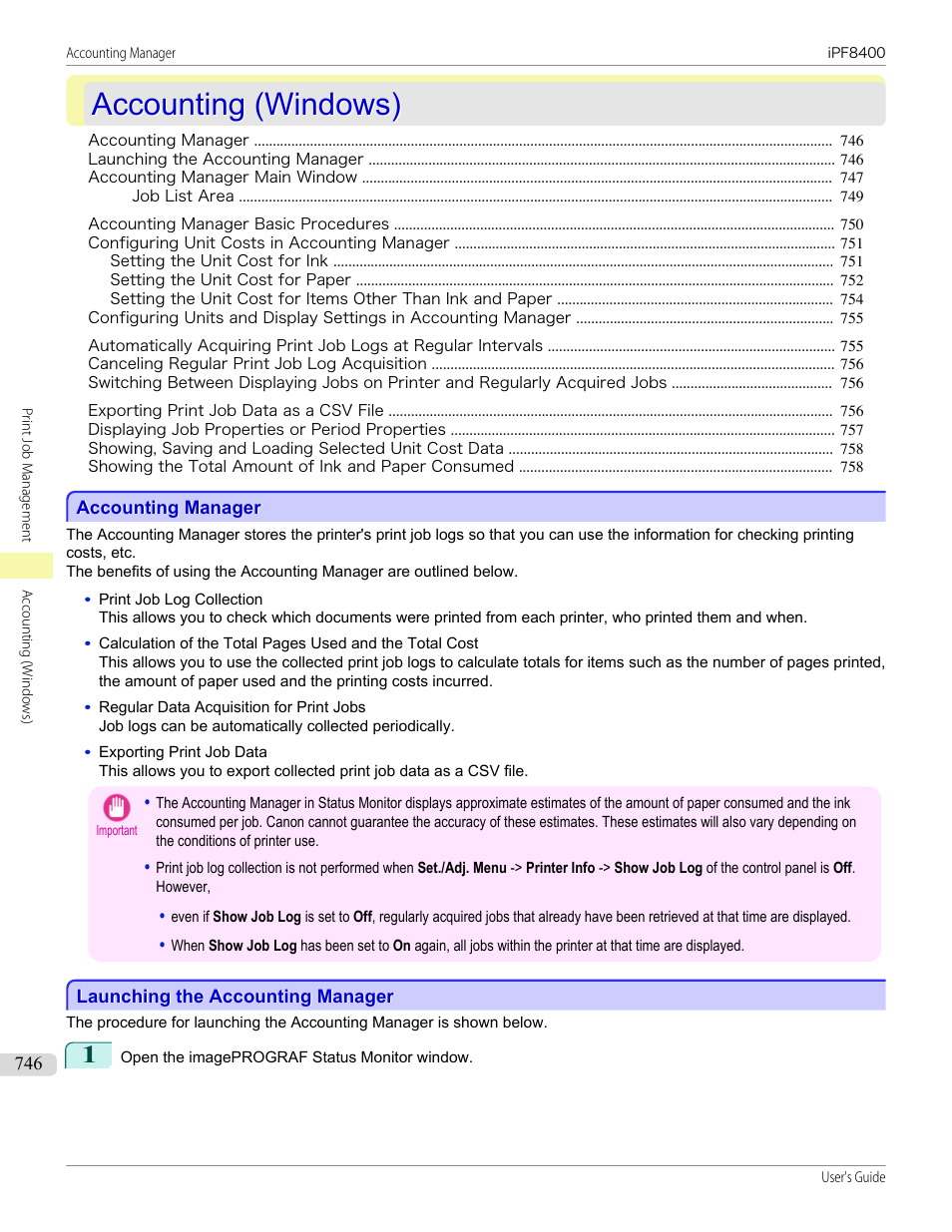 Accounting (windows), Accounting manager, Launching the accounting manager | Accounting | Canon imagePROGRAF iPF8400 User Manual | Page 746 / 1046