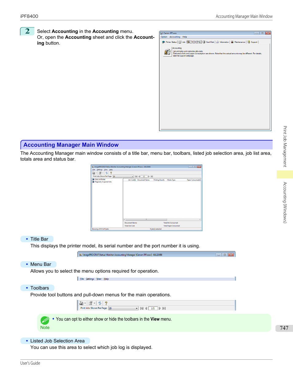 Accounting manager main window | Canon imagePROGRAF iPF8400 User Manual | Page 747 / 1046