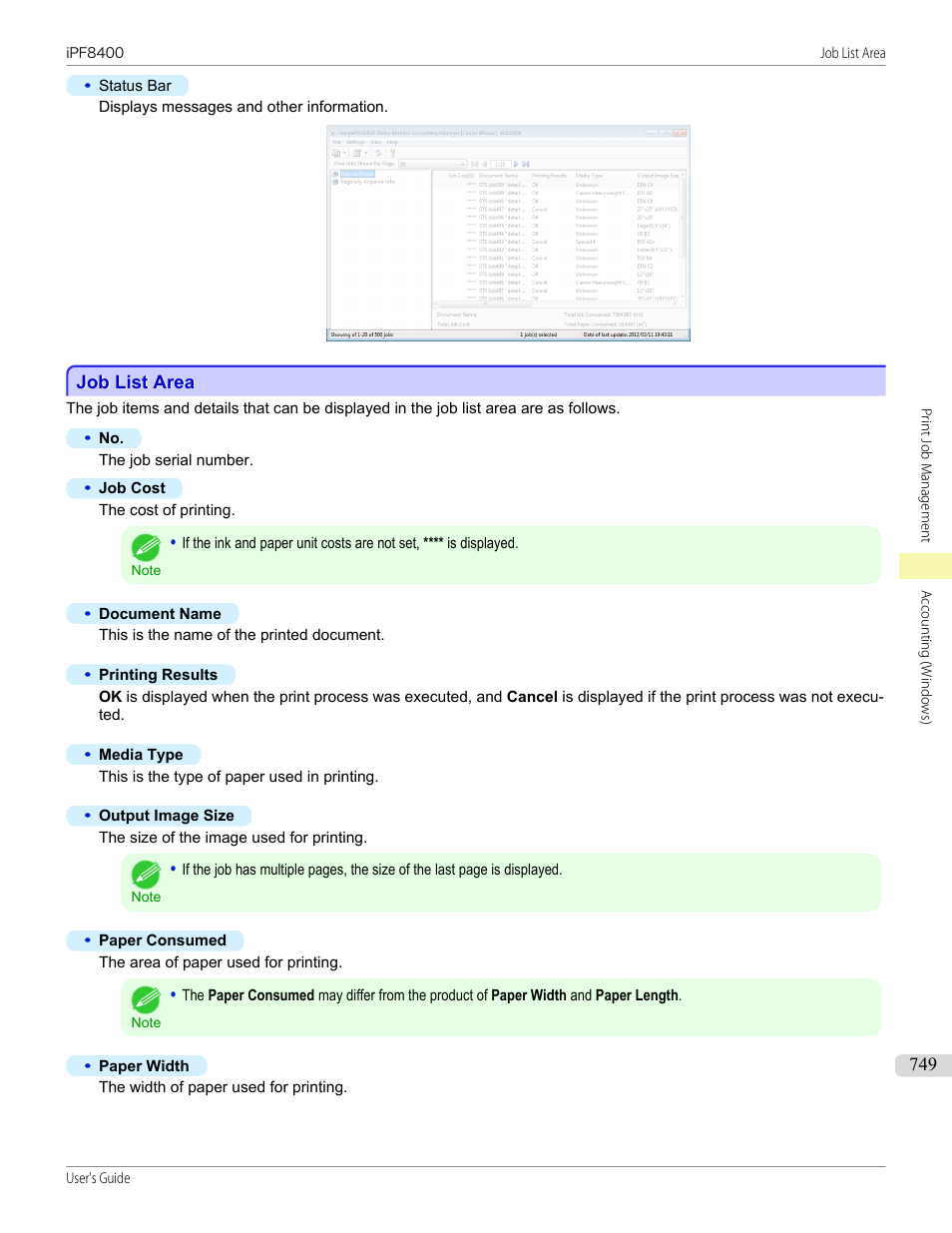 Job list area, See "job list area."), P.749 | Canon imagePROGRAF iPF8400 User Manual | Page 749 / 1046